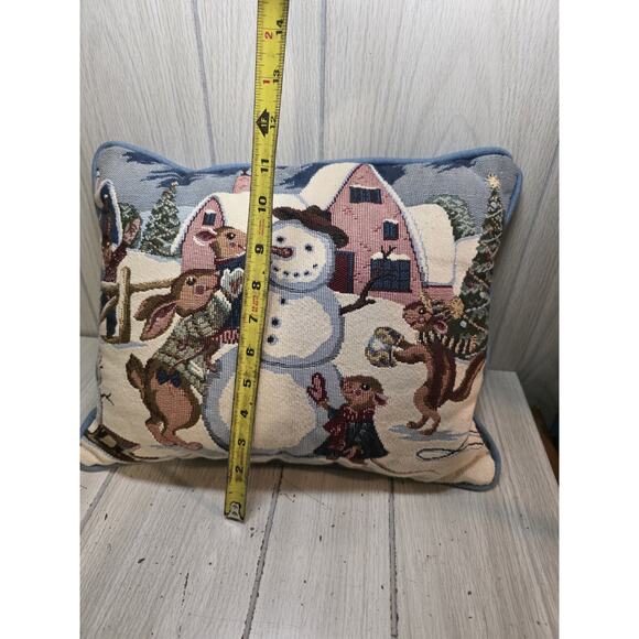 Vtg Tapestry Pillow Winter Scene Holiday Snowman Bunnies Bird Cardinal Barn - Picture 3 of 4